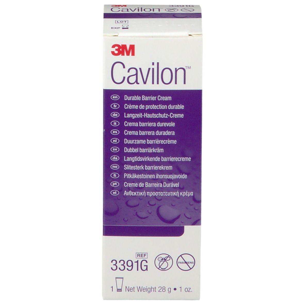 Cavilon Barriere Creme Verpackung. Weiß, lila. Text: Durable Barrier Cream. 3M Logo. REF 3391G. 1 Tube.