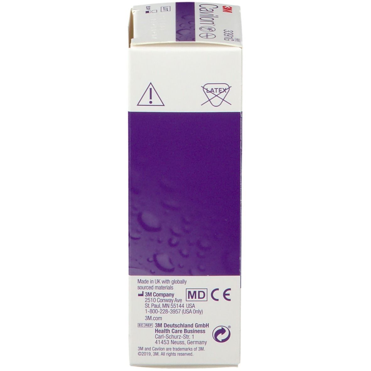 Rückseite der Cavilon Barriere Creme Verpackung. MD-Kennzeichnung, 3M-Logo. Text: Made in UK. 28g.