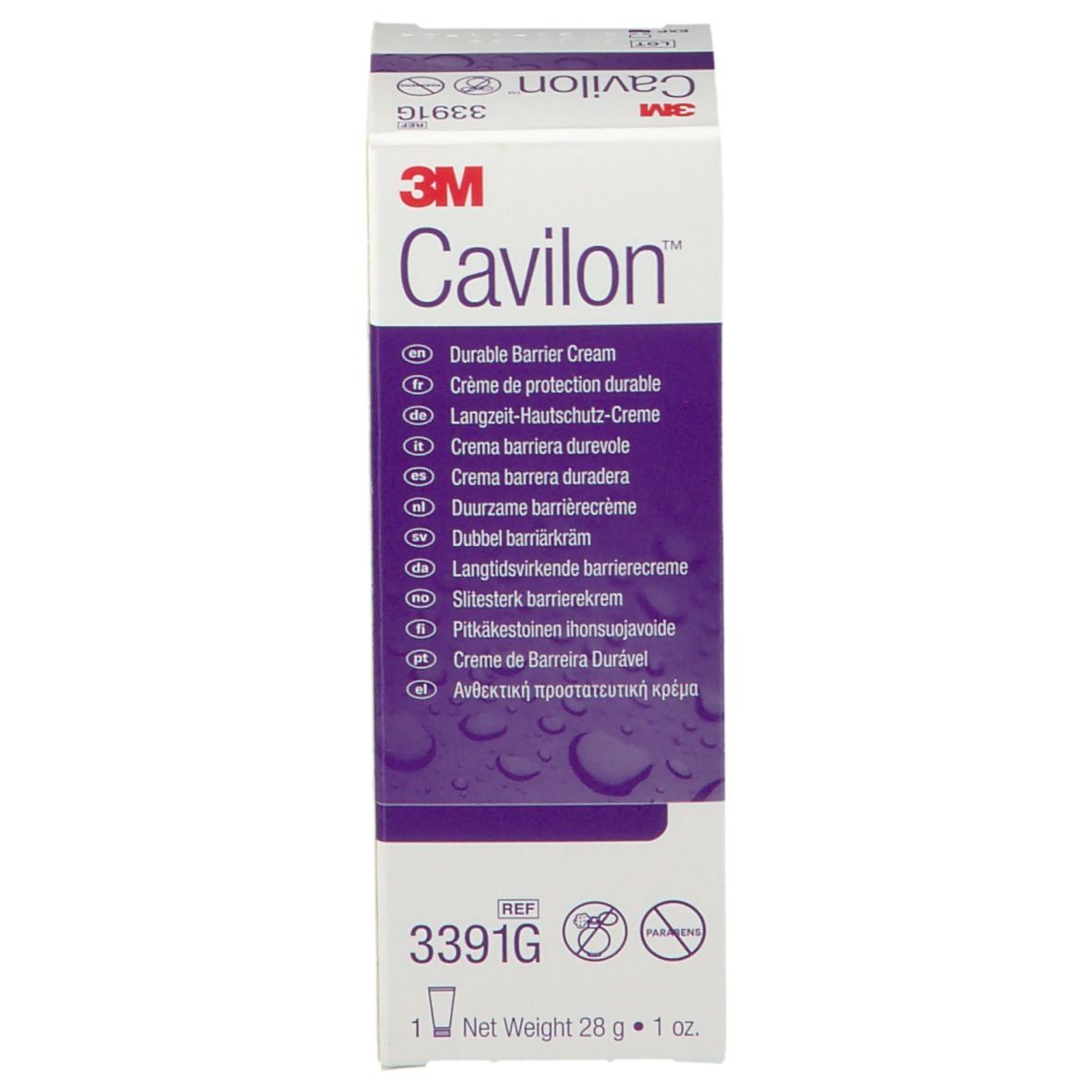 Cavilon Barriere Creme Verpackung. Weiß, lila. Text: Durable Barrier Cream. 3M Logo. REF 3391G. 1 Tube.