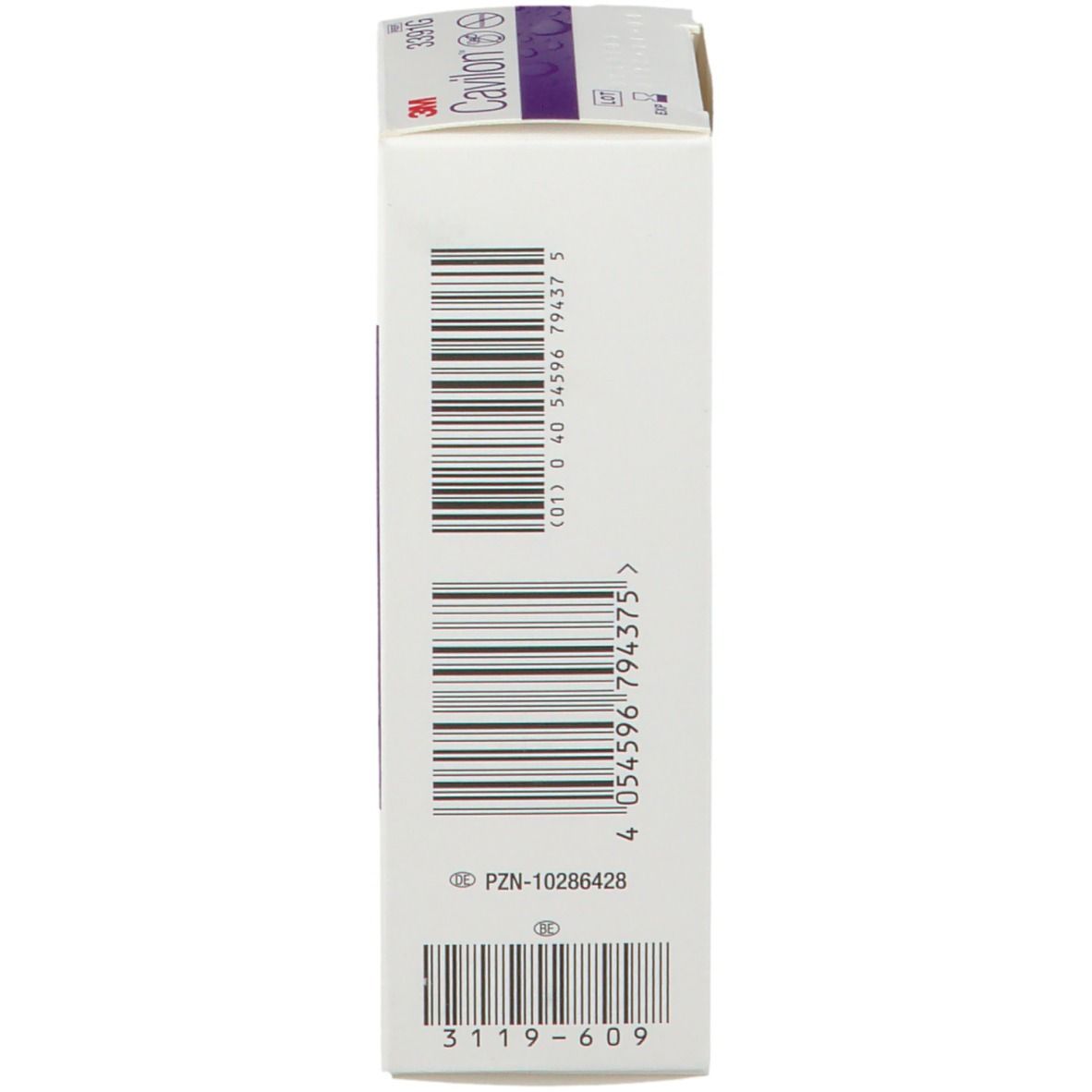 Seite der Cavilon Barriere Creme Verpackung. Barcode, Text: 3119-609.