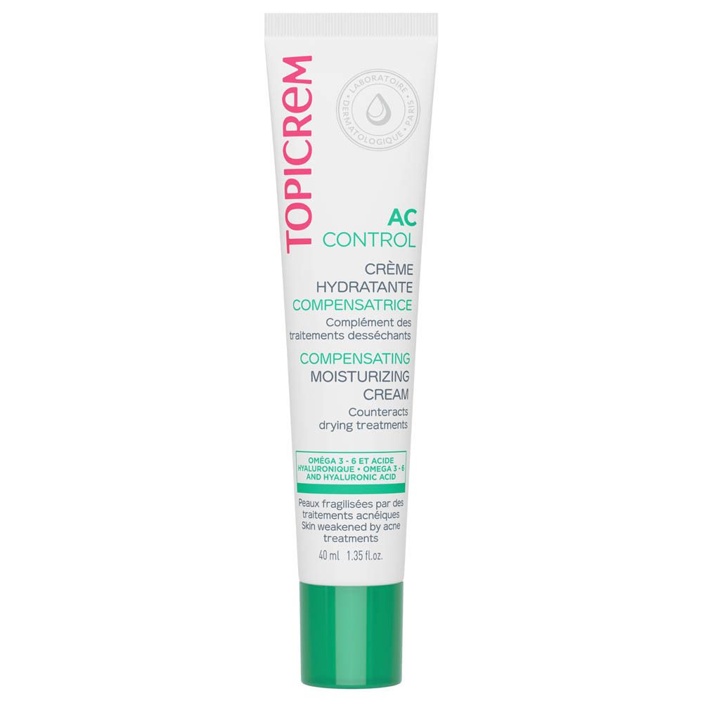 Weiße Tube mit grünem Verschluss. TOPICREM-Logo. AC Control Crème Hydratante Compensatrice. 40 ml. Feuchtigkeitscreme.