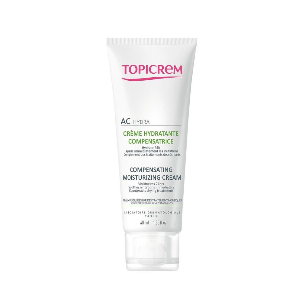 Tube blanc avec logo TOPICREM rouge et texte vert. AC Hydra Crème Hydratante Compensatrice. 40 ml.