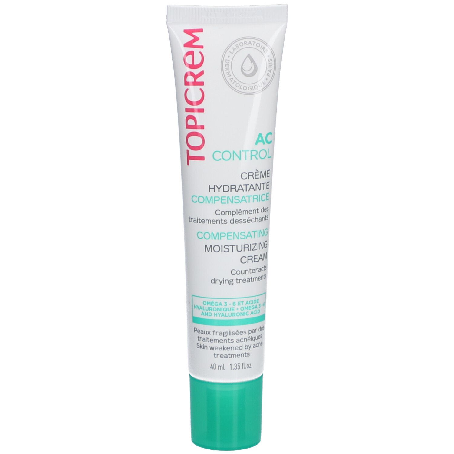 Tube blanc avec bouchon vert. TOPICREM, AC Control Crème Hydratante Compensatrice. 40 ml. Avec Oméga 3, 6, 9.