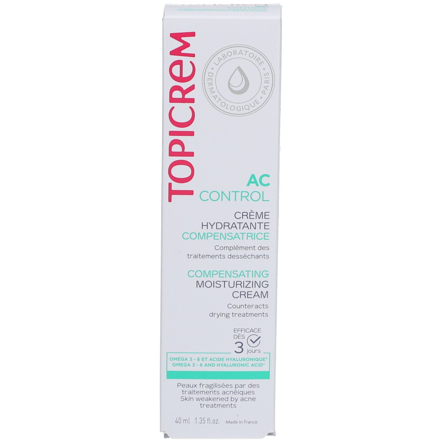 Boîte blanche. TOPICREM, AC Control Crème Hydratante Compensatrice. 40 ml. Avec Oméga 3, 6, 9. Efficacité en 3 jours.