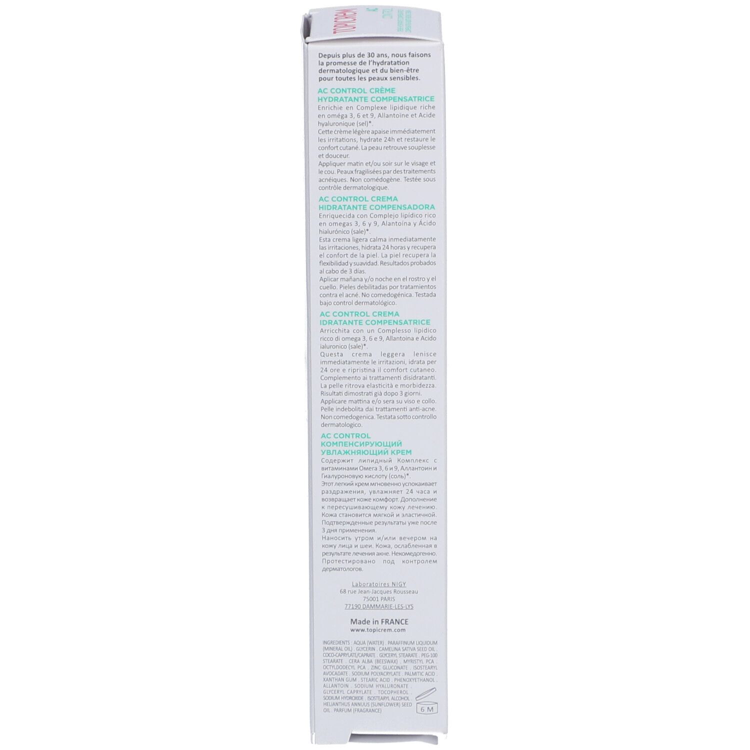Côté de la boîte. Texte multilingue. AC Control Crème Hydratante Compensatrice. Testé dermatologiquement.