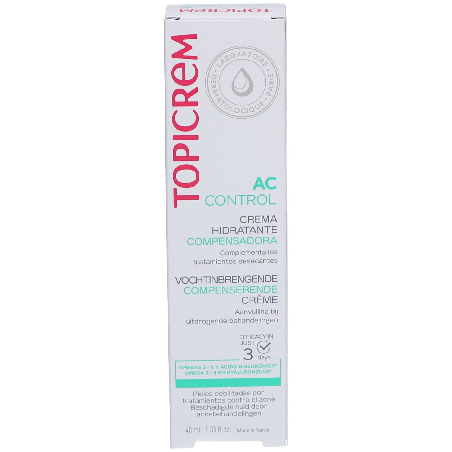 Boîte blanche. TOPICREM, AC Control Crème Hydratante Compensatrice. 40 ml. Efficacité en 3 jours. Avec Oméga 3, 6, 9.