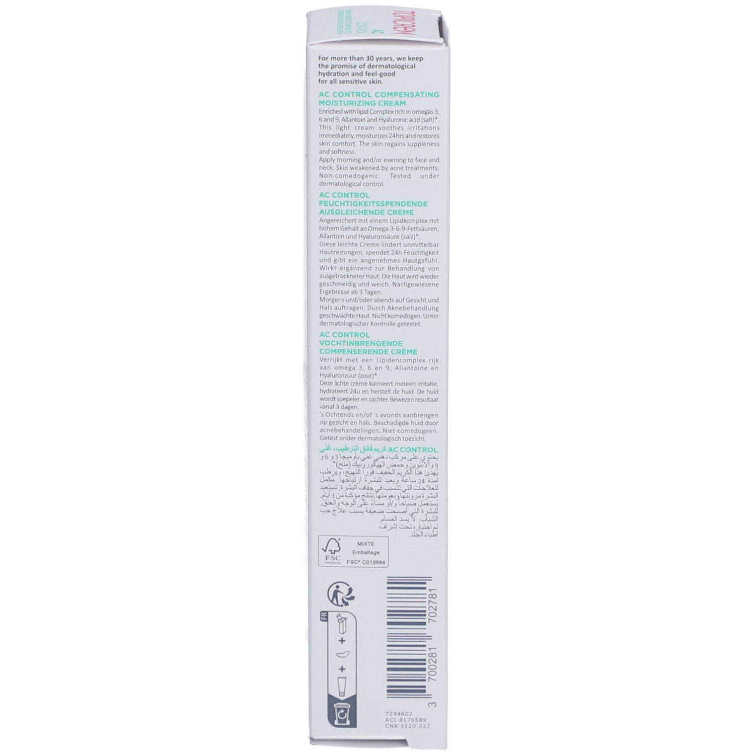 Côté de la boîte. Texte multilingue. AC Control Crème Hydratante Compensatrice. Testé dermatologiquement.