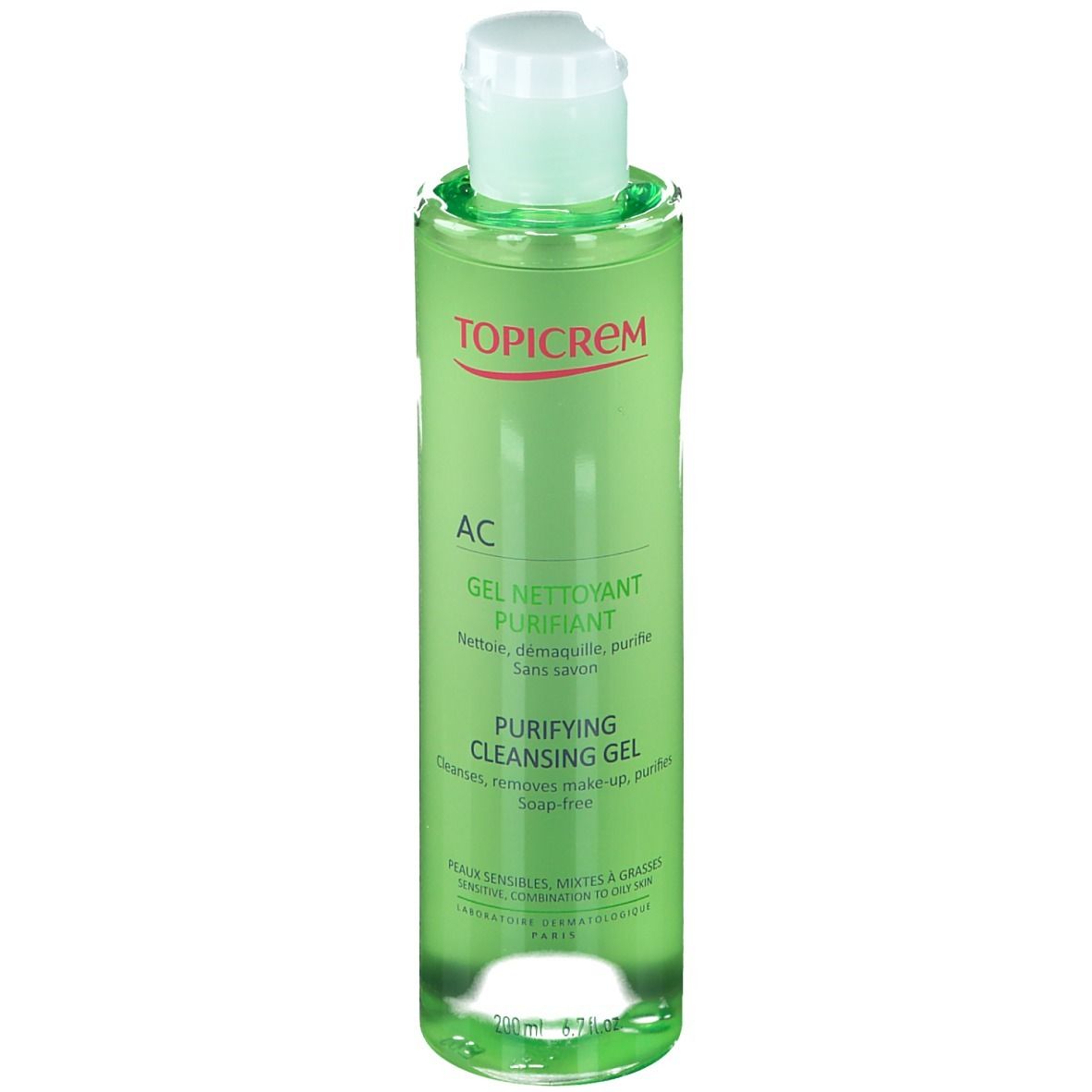Flacon vert avec bouchon blanc. Inscriptions TOPICREM, AC, Gel Nettoyant Purifiant, Purifying Cleansing Gel. Vue de dessus.