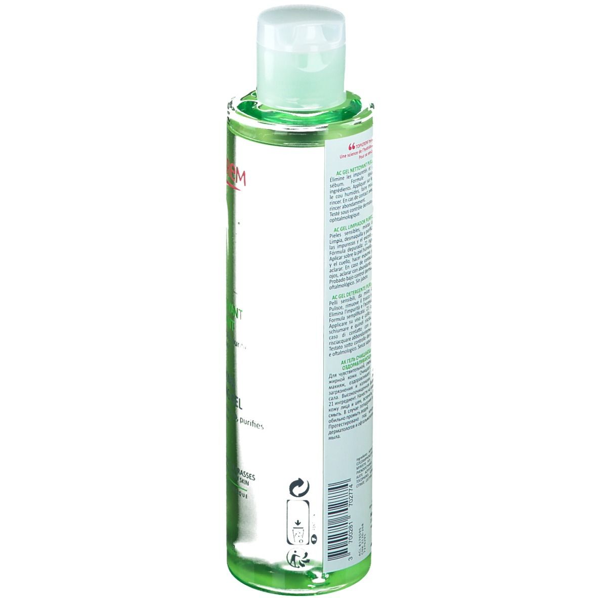 Flacon vert avec bouchon blanc. Inscriptions TOPICREM, AC, Gel Nettoyant Purifiant, Purifying Cleansing Gel. Vue arrière avec texte.