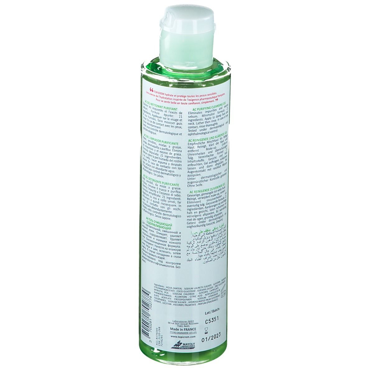 Flacon vert avec bouchon blanc. Inscriptions TOPICREM, AC, Gel Nettoyant Purifiant, Purifying Cleansing Gel. Vue arrière avec texte.