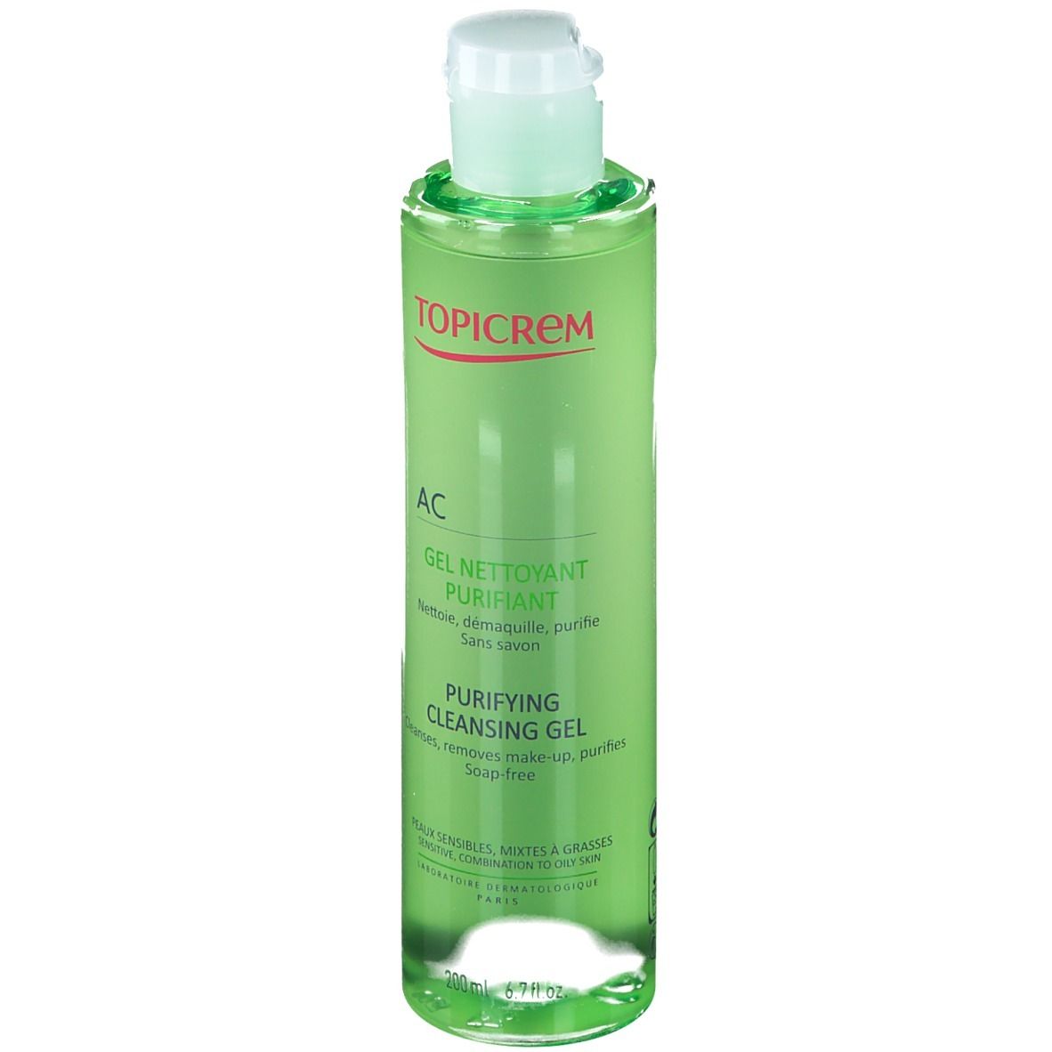 Flacon vert avec bouchon blanc. Inscriptions TOPICREM, AC, Gel Nettoyant Purifiant, Purifying Cleansing Gel. Vue de dessus.