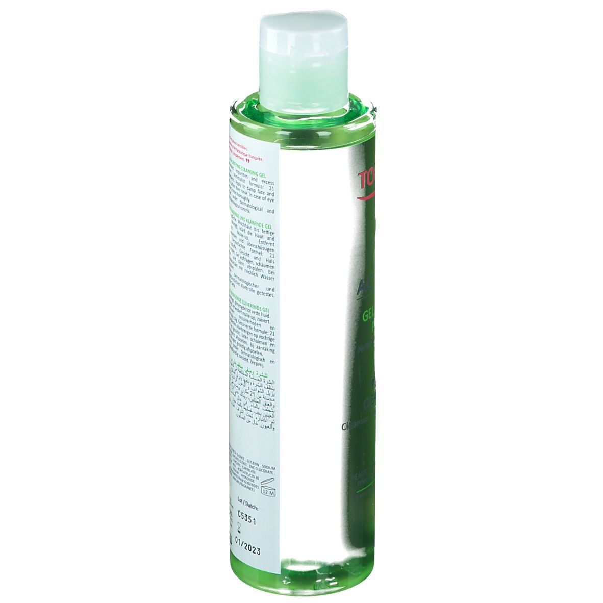 Flacon vert avec bouchon blanc. Inscriptions TOPICREM, AC, Gel Nettoyant Purifiant, Purifying Cleansing Gel. Vue arrière avec texte.