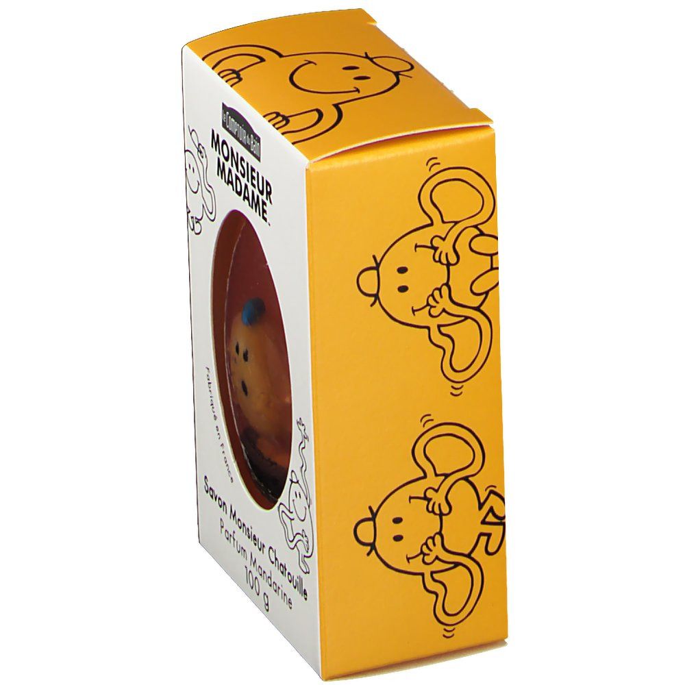 Vue oblique de l'emballage du savon Monsieur Chatouille. Emballage orange avec nom du produit et image.