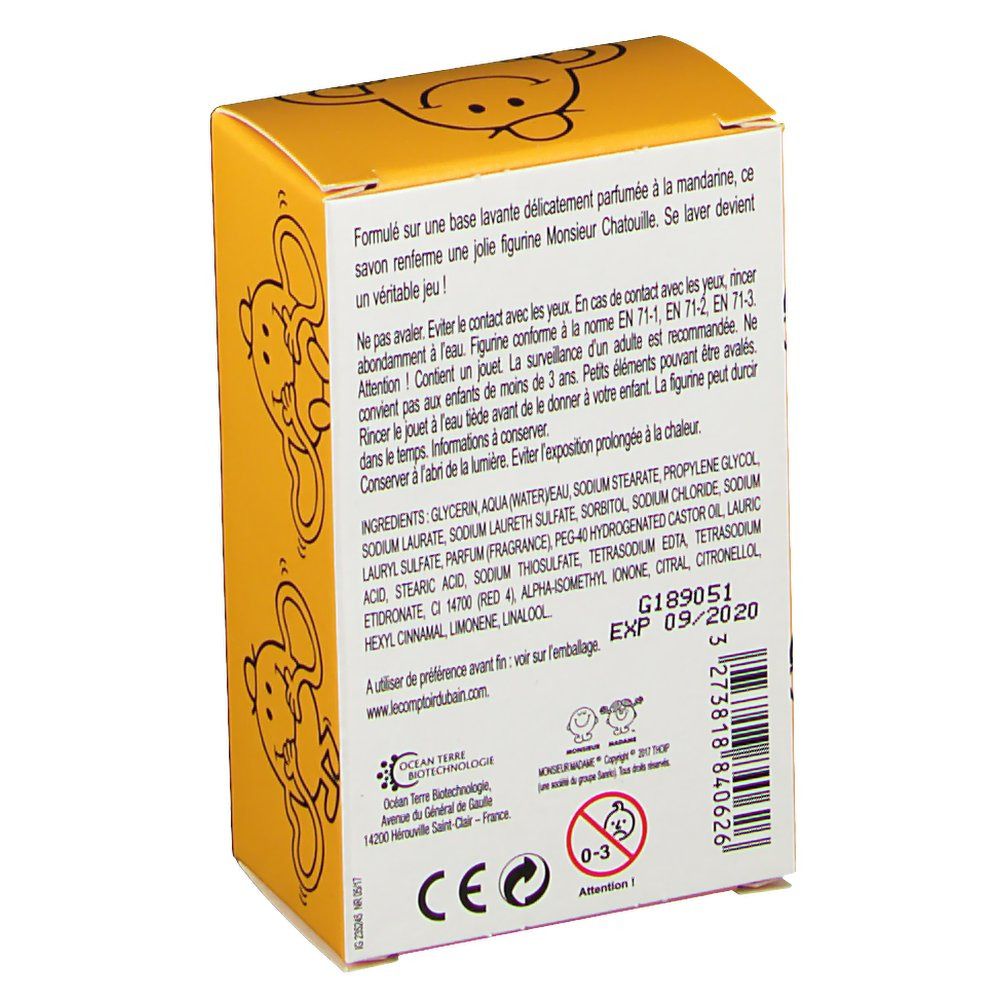 Dos de l'emballage du savon Monsieur Chatouille. Informations textuelles, ingrédients, logos et date de péremption.