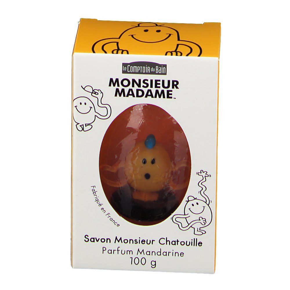 Vue de face de l'emballage du savon Monsieur Chatouille. Emballage orange avec nom du produit et savon.