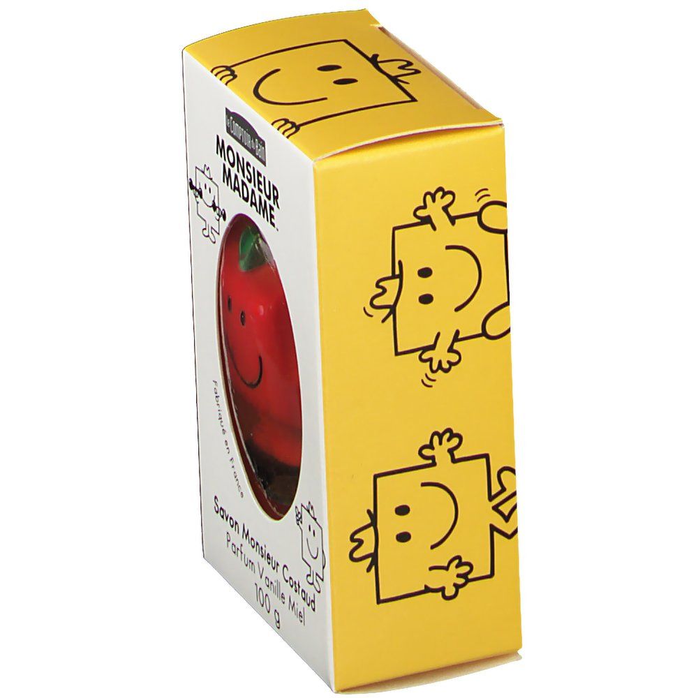 Schräg gestellte gelbe Schachtel mit rotem Seifenstück. Aufschrift: Monsieur Madame. Savon Monsieur Costaud Parfum Vanille Miel. 100 g.