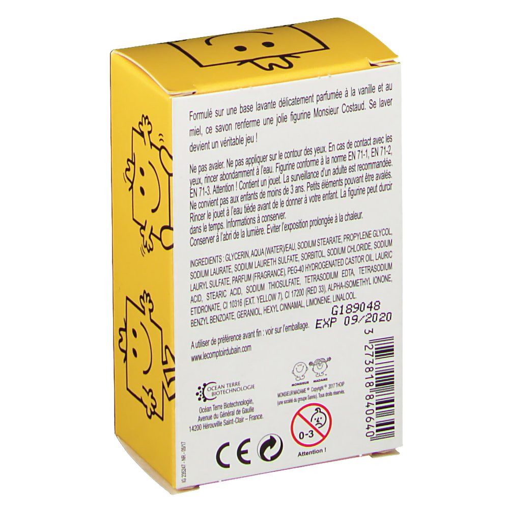 Rückseite einer gelben Schachtel mit Text. Aufschrift: Inhaltsstoffe, G189048, EXP 09/2020, CE-Zeichen, 0-3 Zeichen.