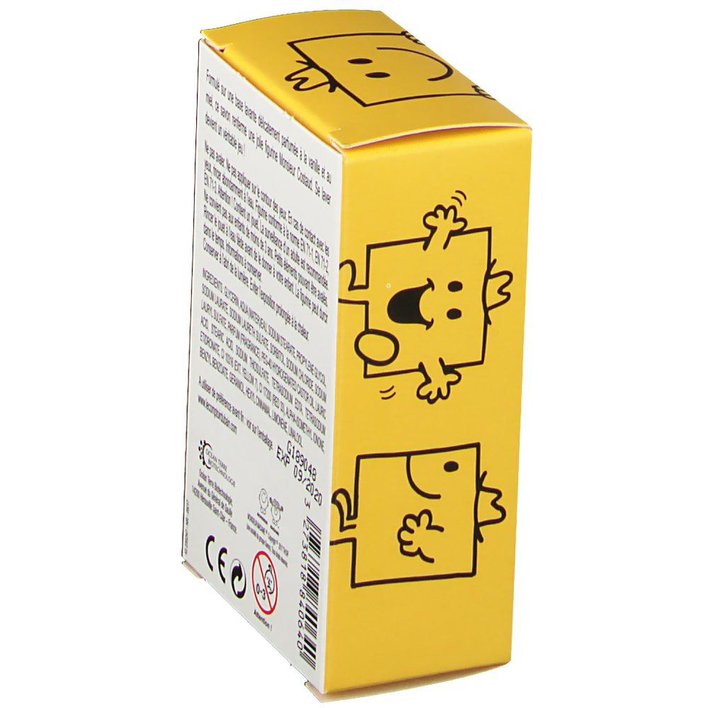 Schräg gestellte gelbe Schachtel mit Text. Aufschrift: Inhaltsstoffe, G189048, EXP 09/2020, CE-Zeichen, 0-3 Zeichen.