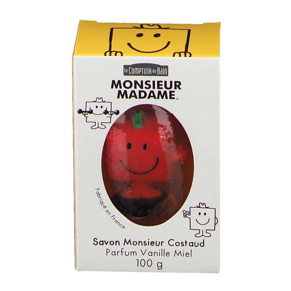 Gelbe Schachtel mit rotem Seifenstück. Aufschrift: Monsieur Madame. Savon Monsieur Costaud Parfum Vanille Miel. 100 g.