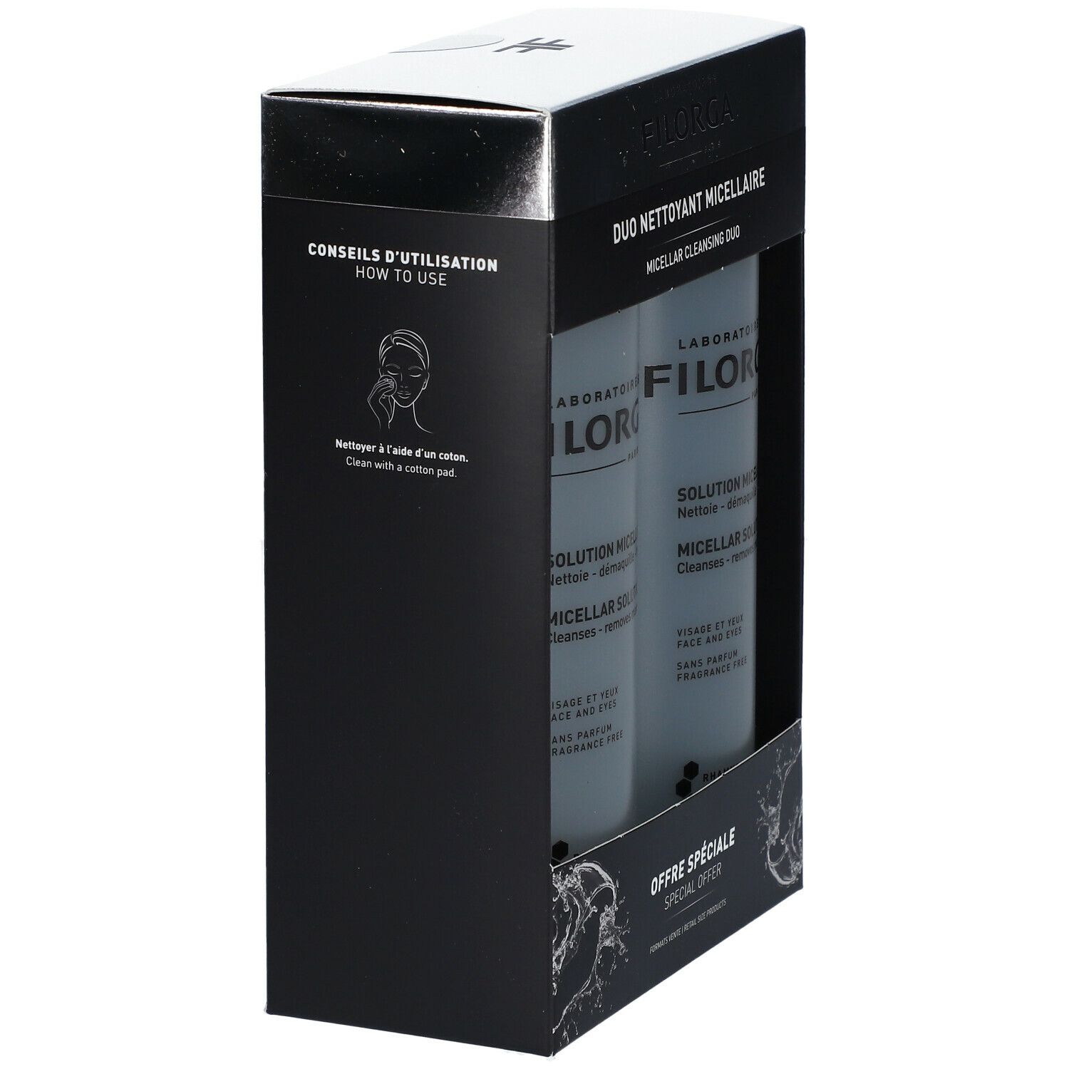 Emballage noir avec deux flacons de solution micellaire. Inscription : Duo Nettoyant Micellaire. Instructions d'utilisation sur le côté.