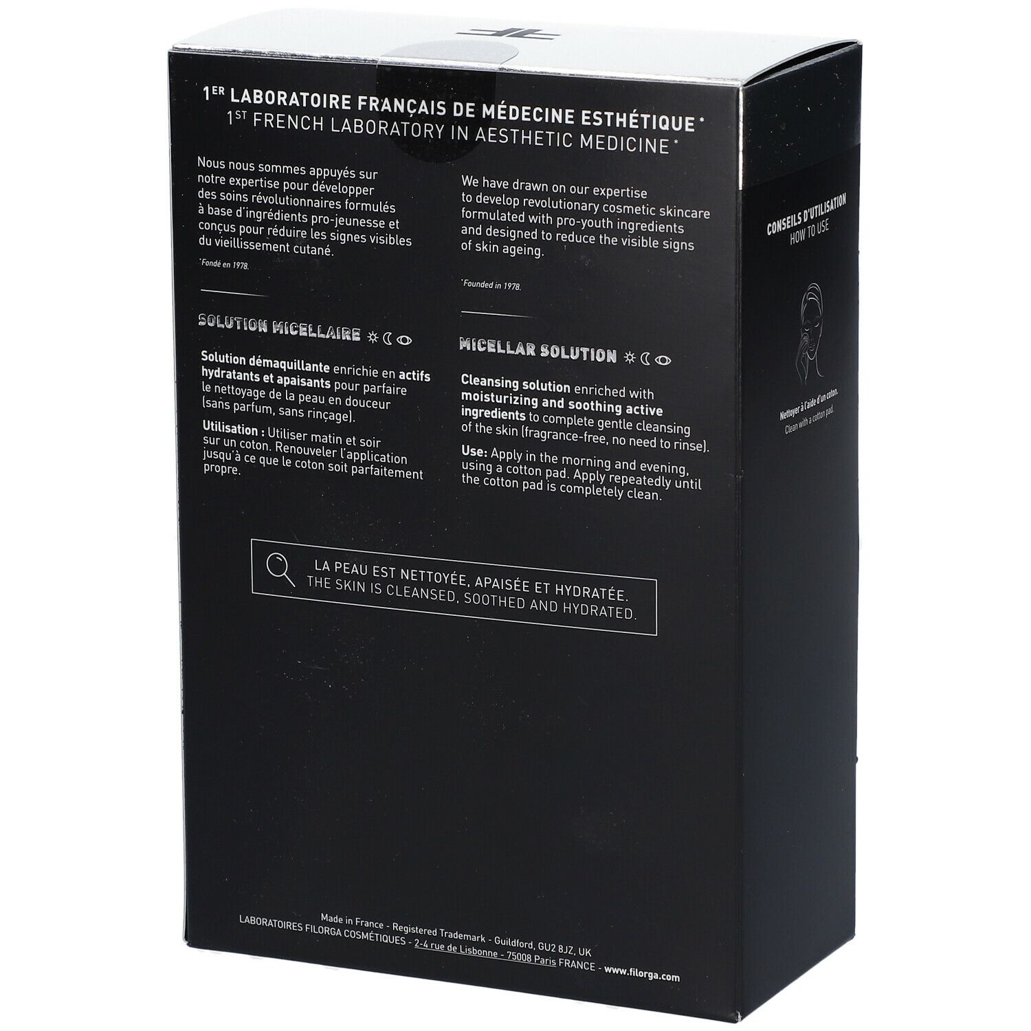 Emballage noir avec texte. Inscription : 1er Laboratoire Français de Médecine Esthétique. Informations sur l'utilisation et les ingrédients.