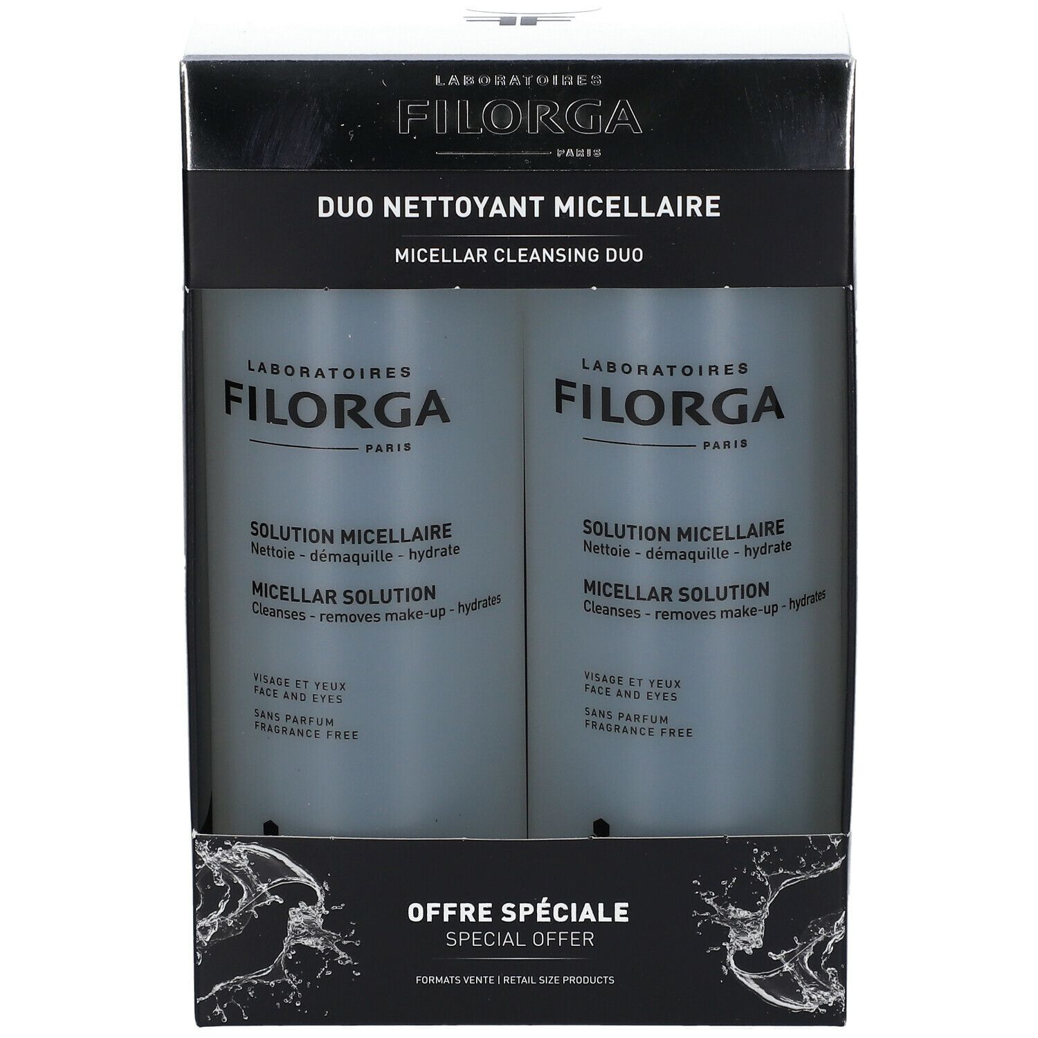 Coffret Filorga. Deux flacons de solution micellaire dans un emballage noir. Inscription : Duo Nettoyant Micellaire.