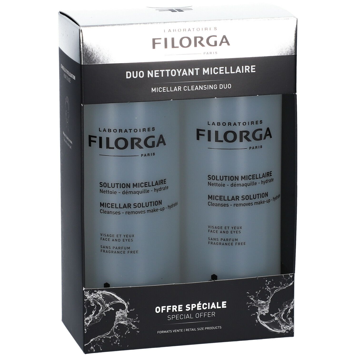 Coffret Filorga. Deux flacons de solution micellaire dans un emballage noir. Inscription : Duo Nettoyant Micellaire.