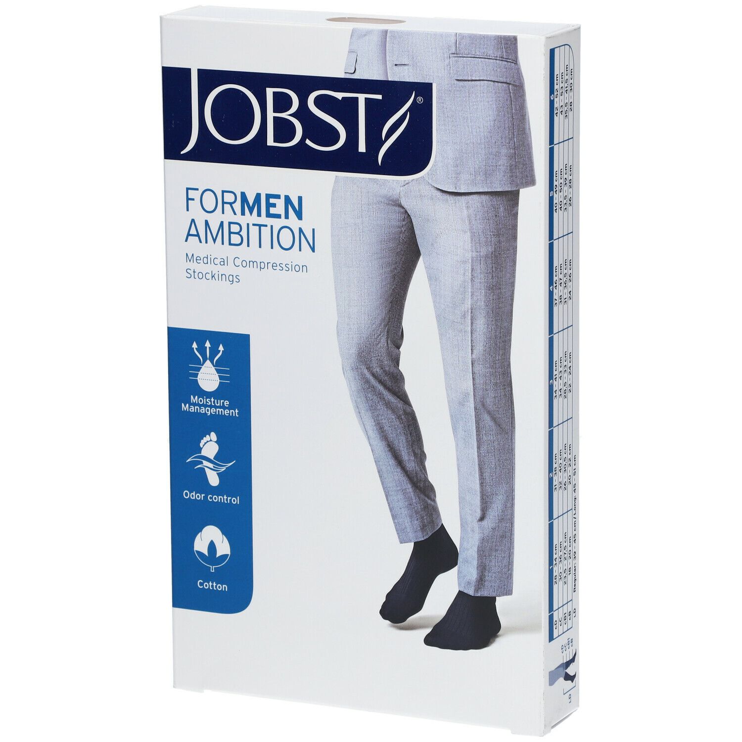 JOBST For Men Ambition Bas Genoux Classe 1 AD Marine Medium. Verpackung mit Produktabbildung und Text.