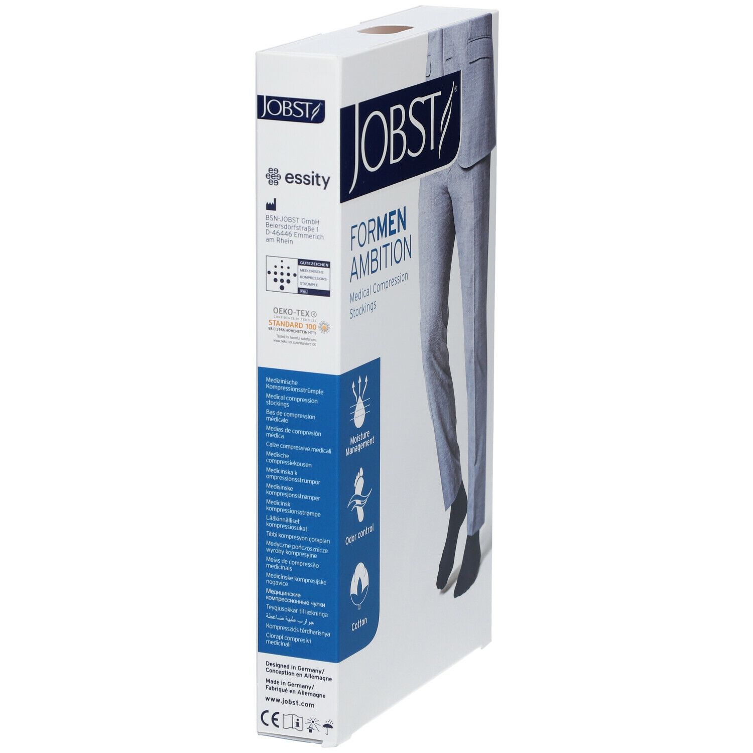 JOBST For Men Ambition Bas Genoux Classe 1 AD Marine Medium. Verpackung mit Produktabbildung und Text.