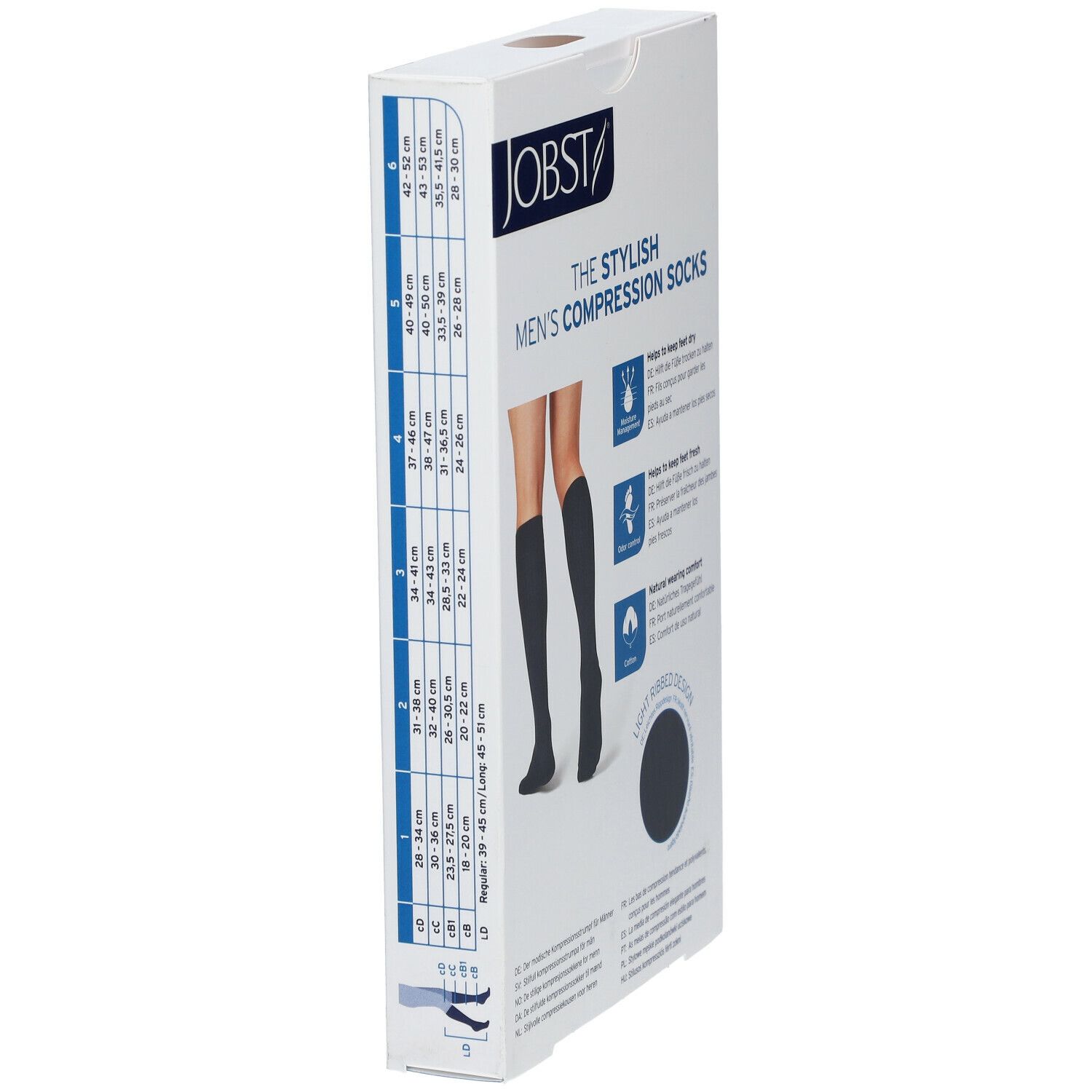 JOBST The Stylish Men's Compression Socks. Verpackung mit Größentabelle und Produktabbildung.