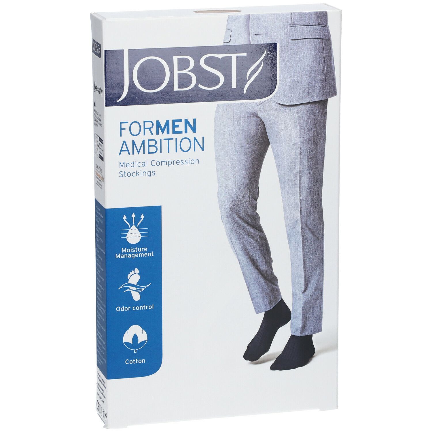 JOBST For Men Ambition Bas Genoux Classe 1 AD Marine Medium. Verpackung mit Produktabbildung und Text.