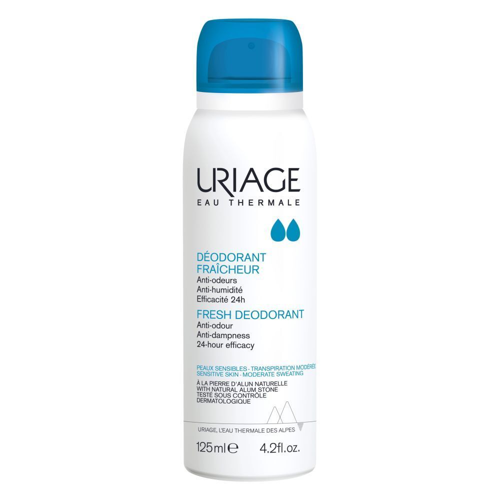 Spray déodorant blanc avec tête bleue. Nom du produit et texte.