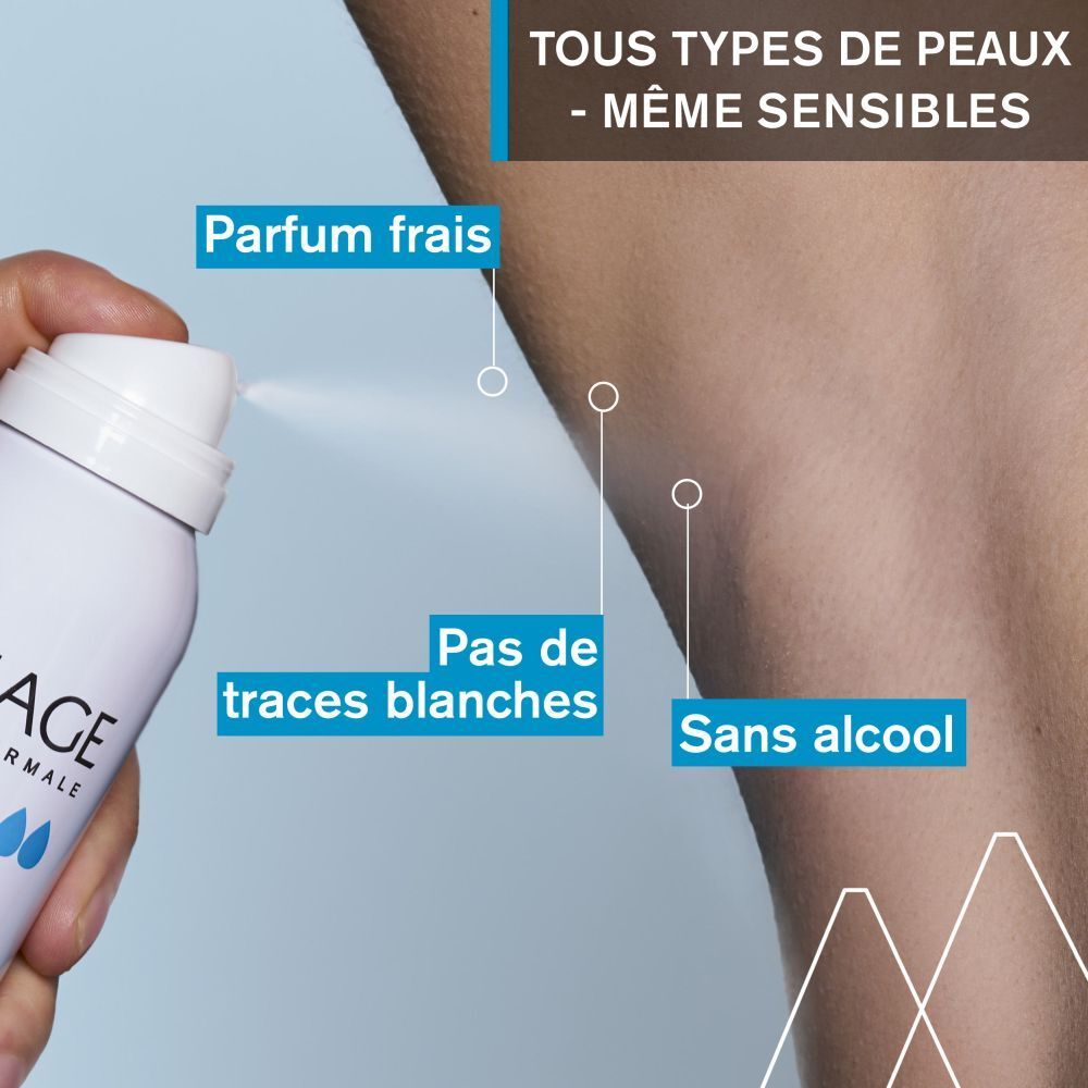Spray déodorant blanc avec tête bleue. Texte sur le flacon. Avertissements et ingrédients.