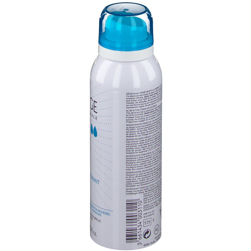 Spray déodorant blanc avec tête bleue. Texte sur le flacon. Avertissements et ingrédients.