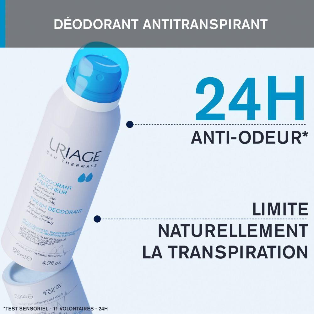 Dos d'un spray déodorant blanc avec tête bleue. Texte, avertissements et symboles.