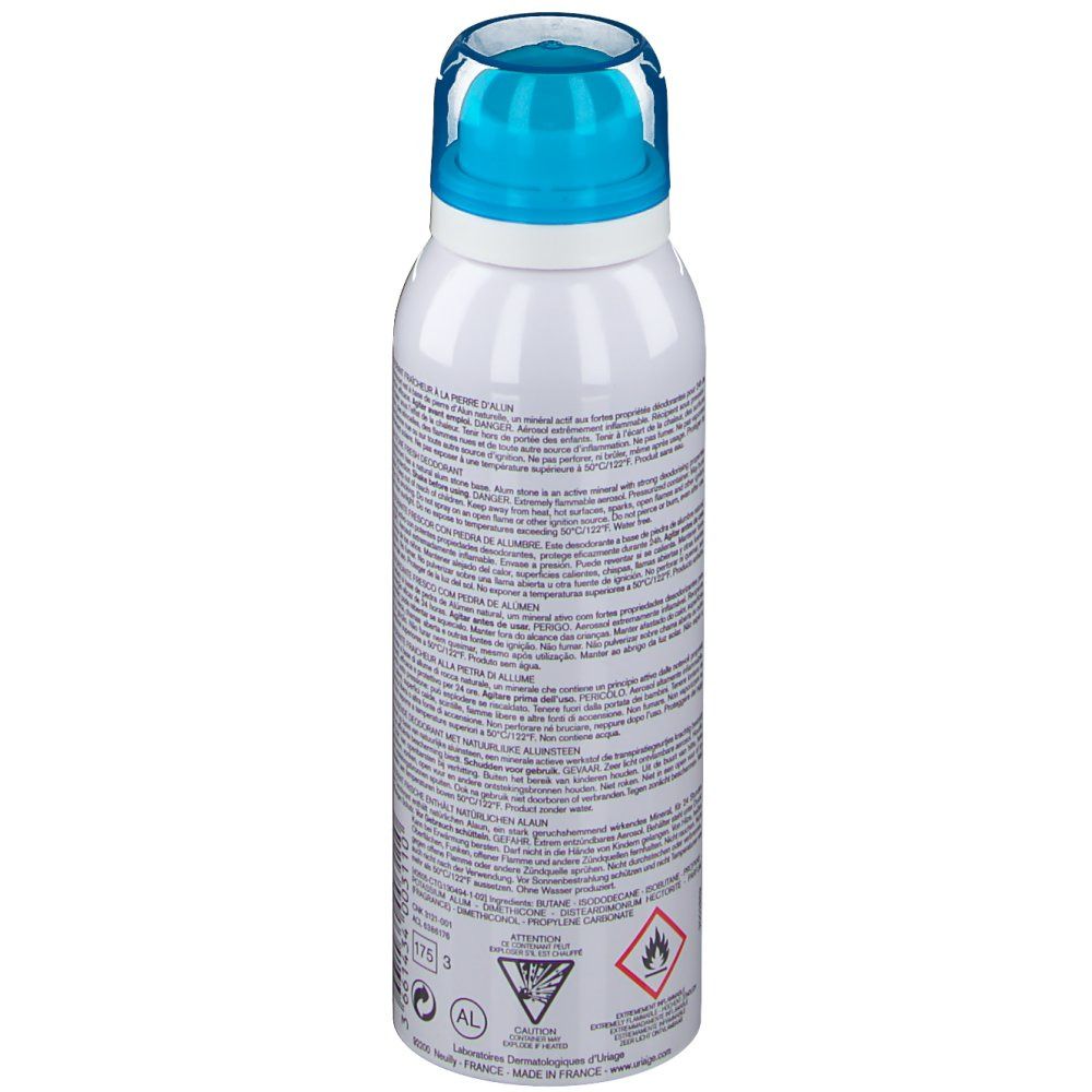 Dos d'un spray déodorant blanc avec tête bleue. Texte, avertissements et symboles.
