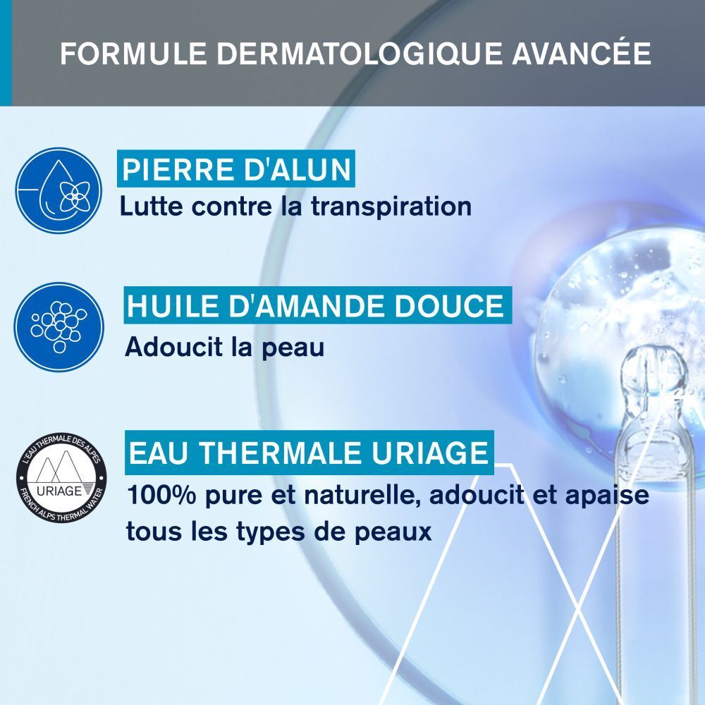 Flacon de spray déodorant blanc avec tête bleue. Texte, avertissements et symboles.