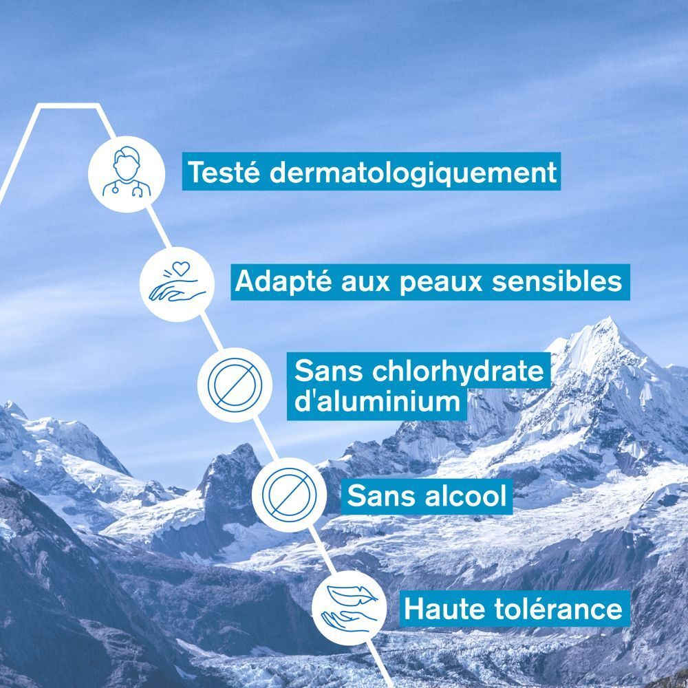 Bras avec spray déodorant. Texte sur parfum frais, pas de traces blanches et sans alcool.