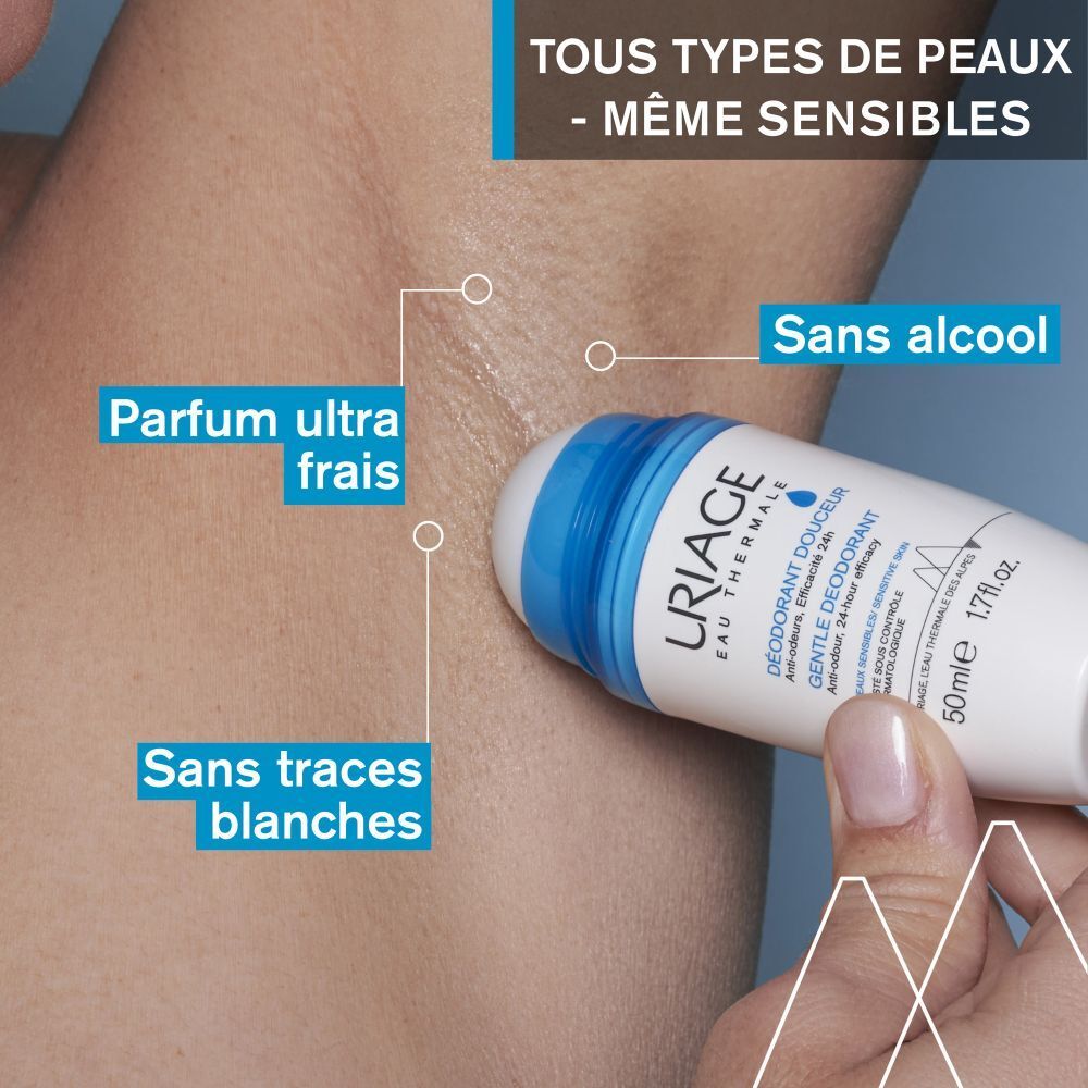 Roll-on déodorant, dos. Texte sur flacon blanc. Bouchon bleu.