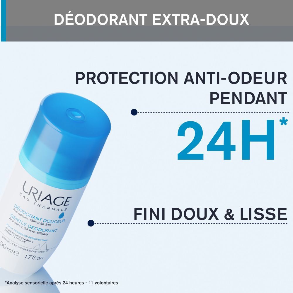 Roll-on déodorant, dos. Texte sur flacon blanc. Bouchon bleu.