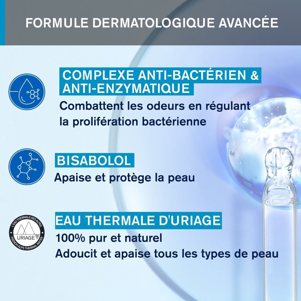 Roll-on déodorant, face. Logo Uriage, nom du produit. Bouchon bleu.