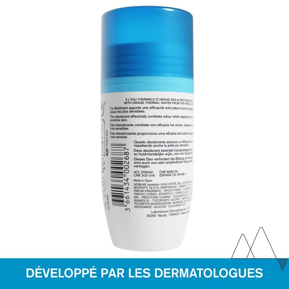 Roll-on déodorant, face. Logo Uriage, nom du produit. Bouchon bleu.