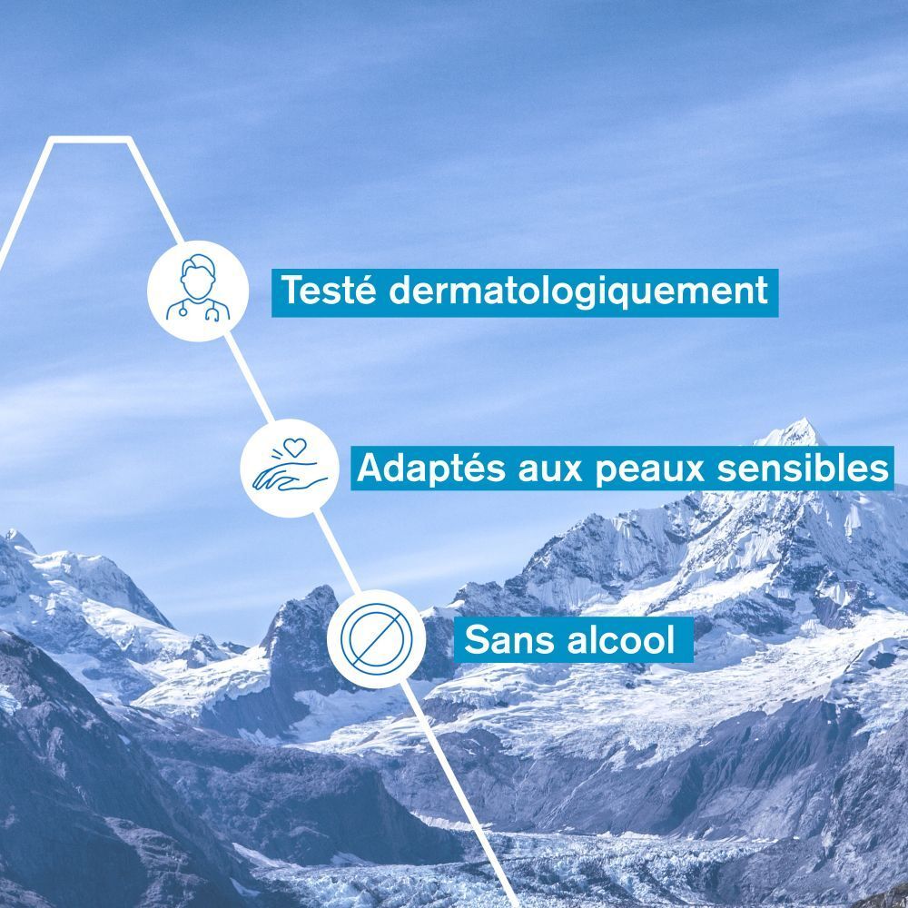 Roll-on déodorant, dos. Texte sur flacon blanc. Bouchon bleu.