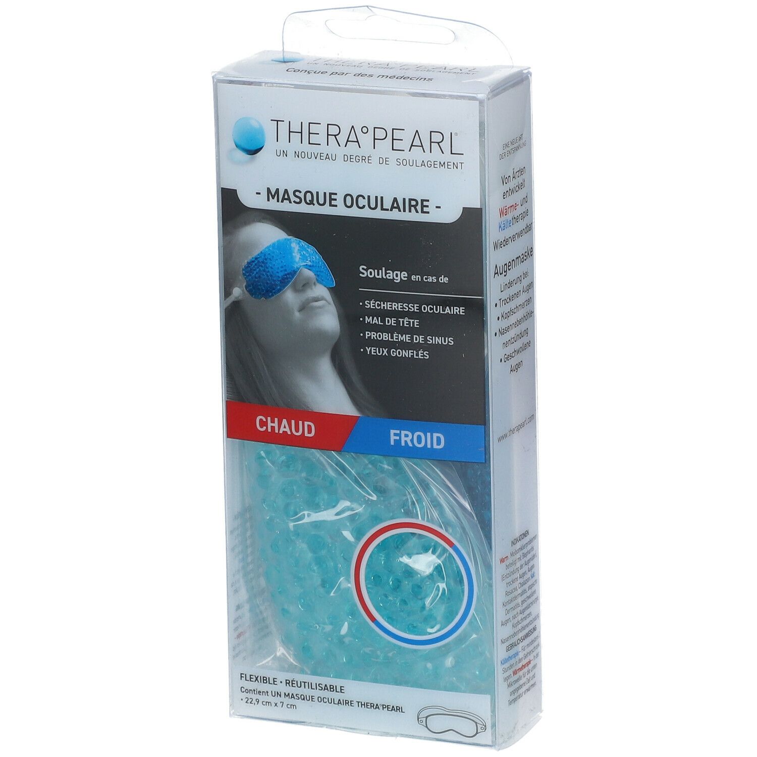 Verpakking met oogmasker. Blauw masker en kralen zichtbaar. Tekst: THERA°PEARL, MASQUE OCULAIRE. Indicaties: droge ogen, hoofdpijn.