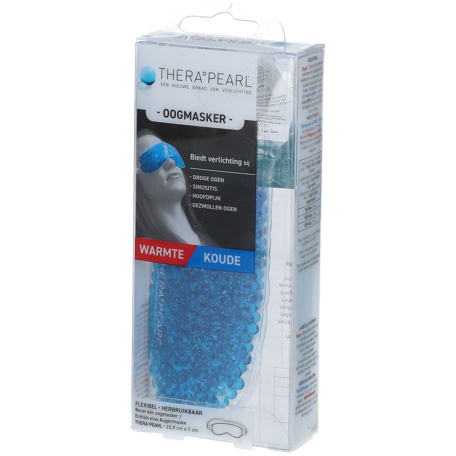 Verpakking met oogmasker. Blauw masker en kralen zichtbaar. Tekst: THERA°PEARL, OOGMASKER. Indicaties: droge ogen, hoofdpijn.