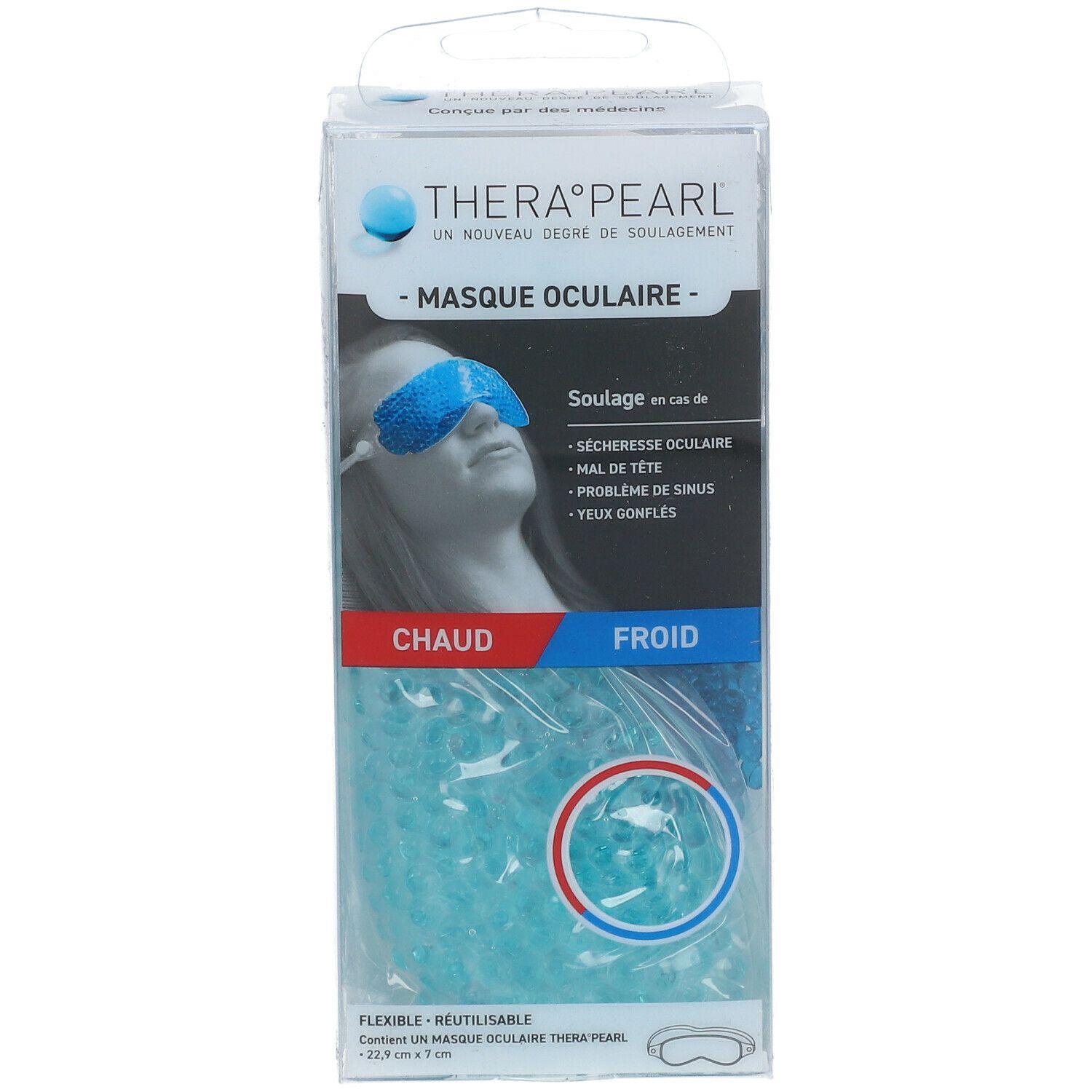 Verpakking met oogmasker. Blauw masker en kralen zichtbaar. Tekst: THERA°PEARL, MASQUE OCULAIRE. Indicaties: droge ogen, hoofdpijn.