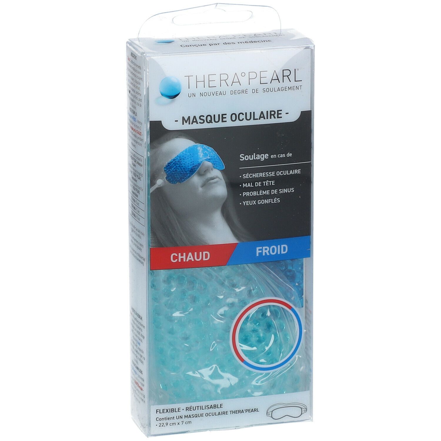 Verpakking met oogmasker. Blauw masker en kralen zichtbaar. Tekst: THERA°PEARL, MASQUE OCULAIRE. Indicaties: droge ogen, hoofdpijn.