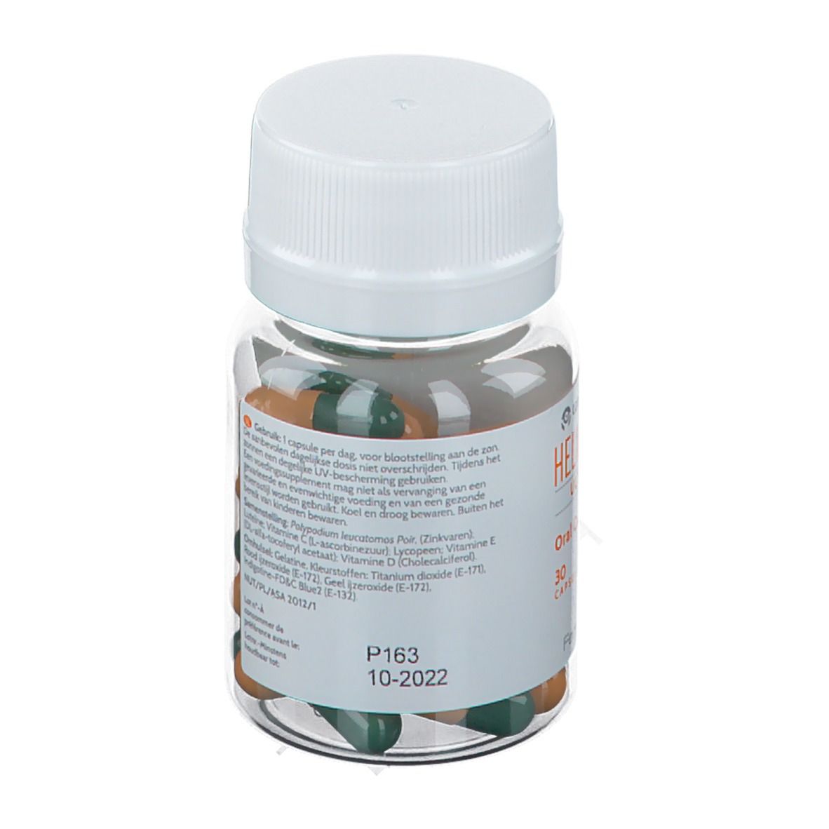 Flacon de capsules avec bouchon blanc. Inscription: HELIOCARE ULTRA-D. Date de péremption: 10-2022.