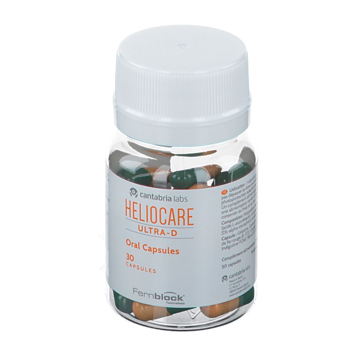 Flacon de capsules avec bouchon blanc. Inscription: HELIOCARE ULTRA-D Oral Capsules. 30 capsules.