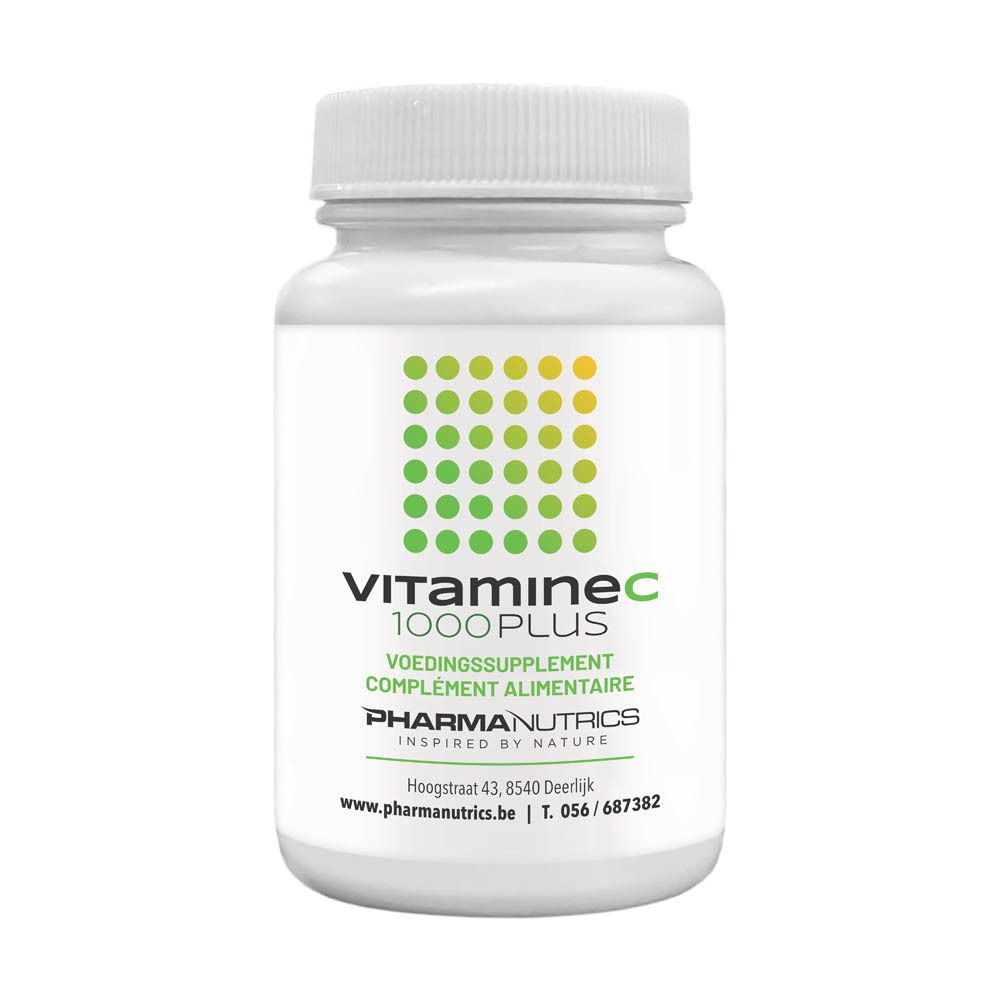 Flacon blanc Vitamine C 1000 Plus. Design vert et jaune. Inscription: Voedingssupplement, Complément alimentaire.